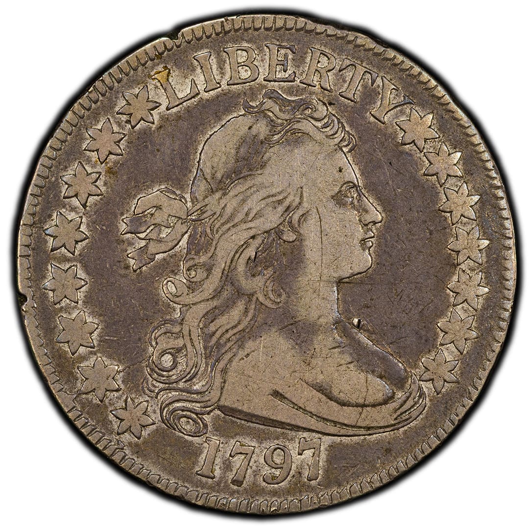 1797 Draped Bust silver half dollar, Small Eagle reverse, PCGS F15 Fine grade coin