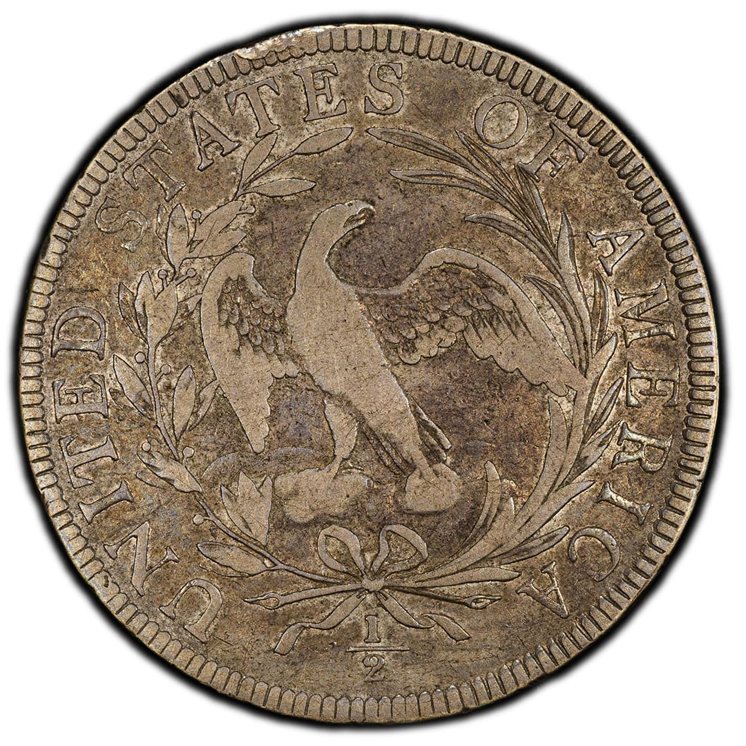 1797 Draped Bust silver half dollar, Small Eagle reverse, PCGS F15 Fine grade coin