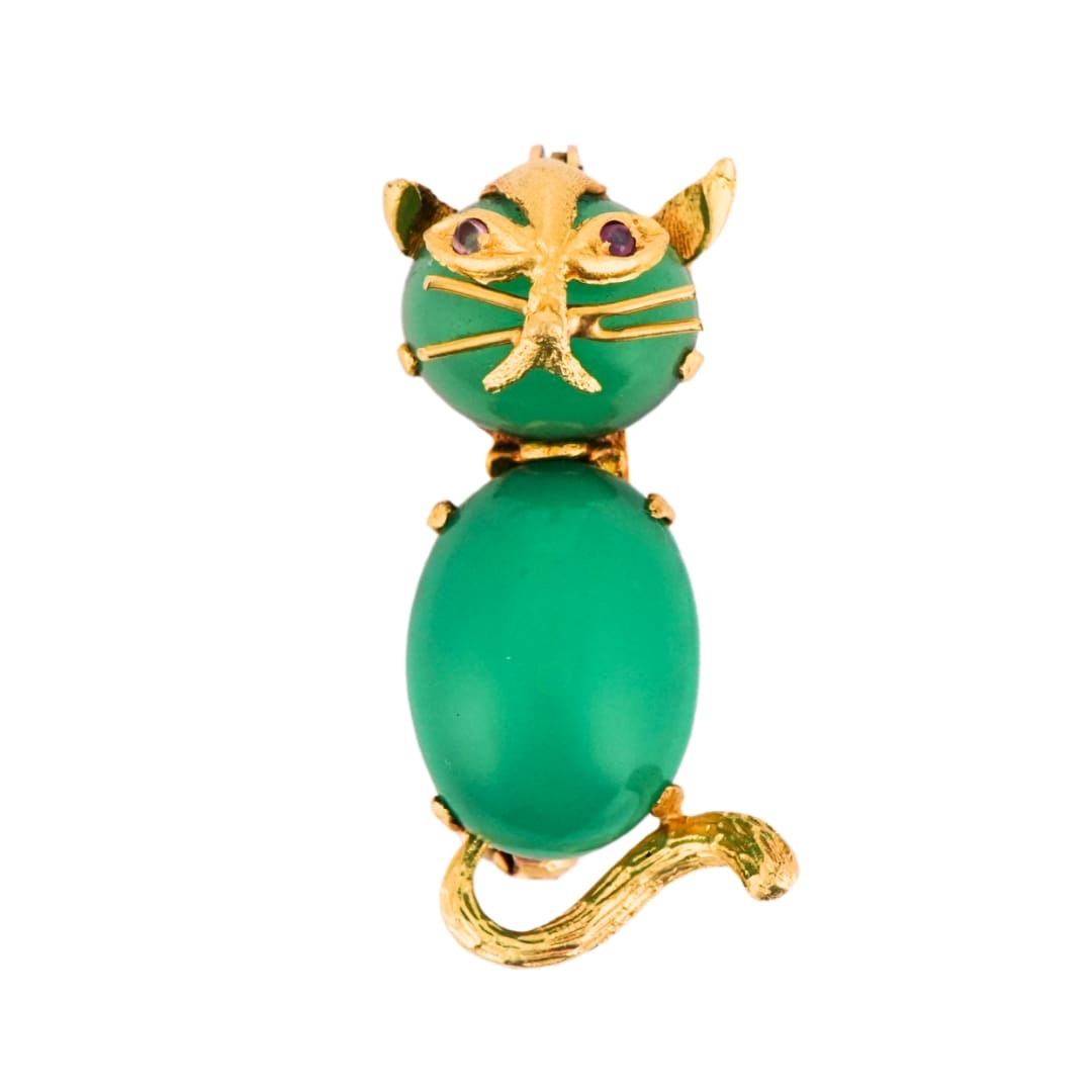 18K Yellow Gold Chrysoprase Cat Brooch Green Chalcedony