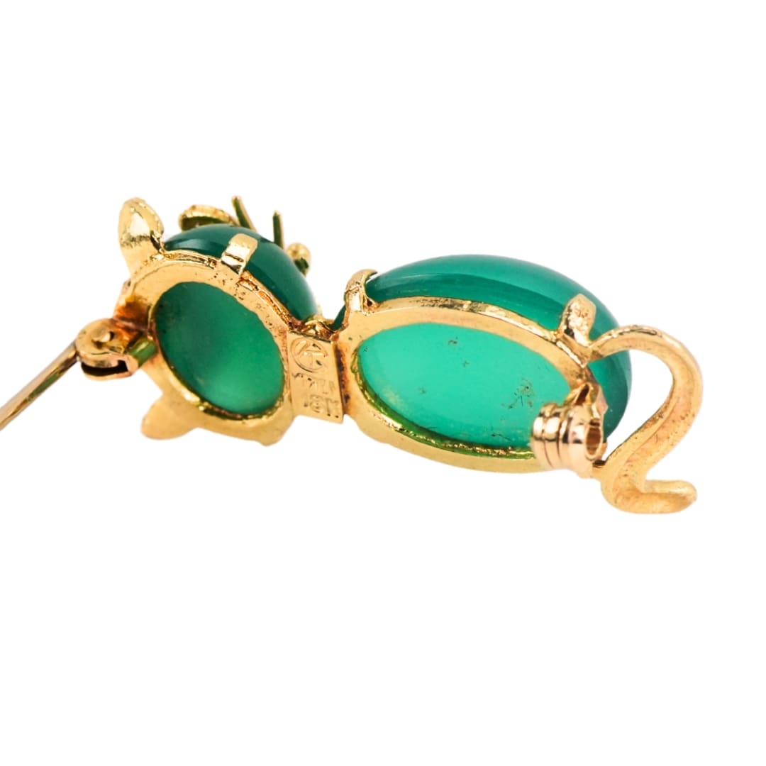 18K Yellow Gold Chrysoprase Cat Brooch Green Chalcedony