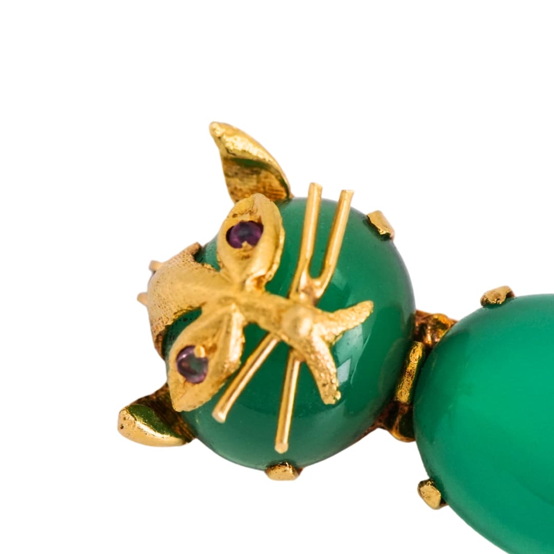 18K Yellow Gold Chrysoprase Cat Brooch Green Chalcedony