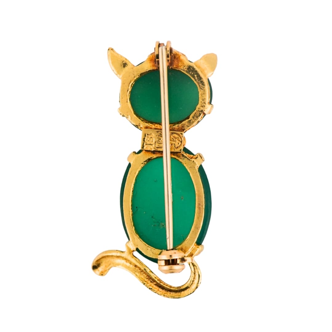 18K Yellow Gold Chrysoprase Cat Brooch Green Chalcedony