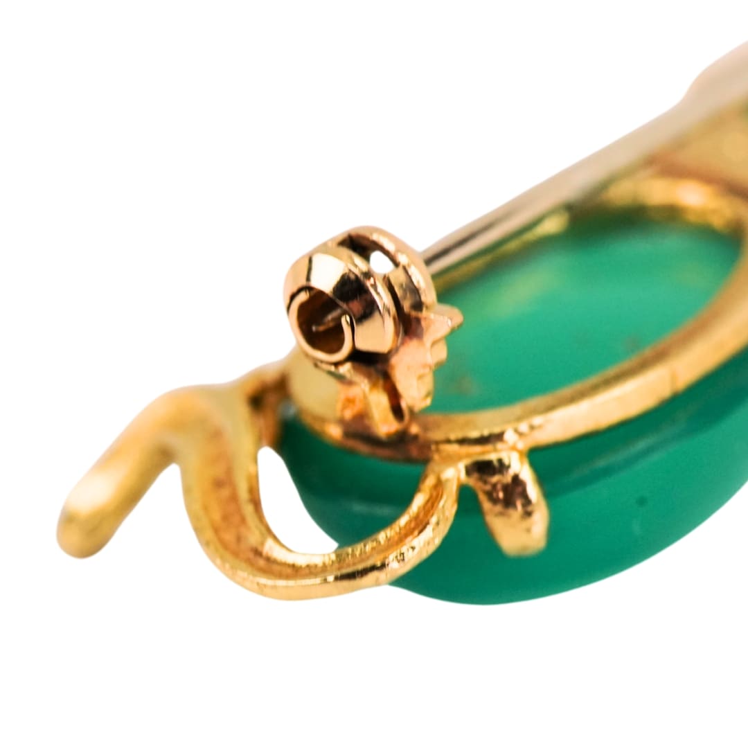18K Yellow Gold Chrysoprase Cat Brooch Green Chalcedony