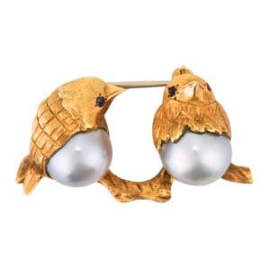 Vintage 18K Yellow Gold Cultured Pearl Bird Brooch