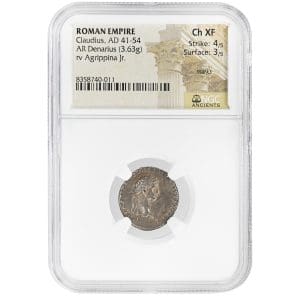 Ancient Roman silver denarius of Emperor Claudius, NGC Ch XF ancient coin