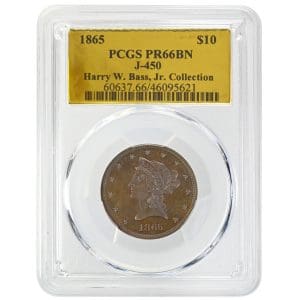 1865 $10 pattern coin, bronze proof strike, PCGS PR66BN rare US pattern