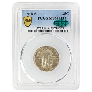 1918-S Standing Liberty quarter, Full Head, PCGS MS64+FH CAC rare condition coin