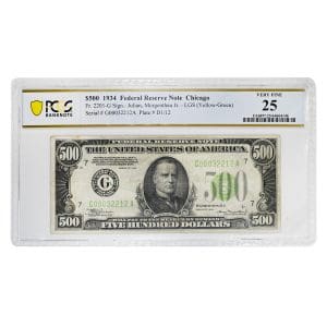 1934 $500 Federal Reserve Note, PCGS Currency VF25 graded large denomination bill