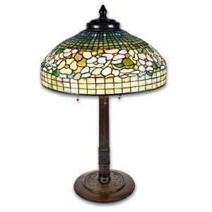 Tiffany Studios Banded Dogwood leaded glass floor lamp with patinated bronze base
