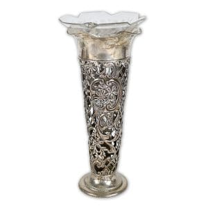 Gorham sterling silver pierced trumpet vase with etched glass liner, monogrammed
