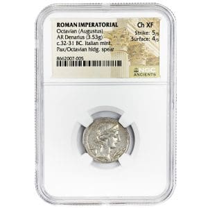 Ancient Roman Imperatorial silver denarius, NGC Ch XF ancient coin