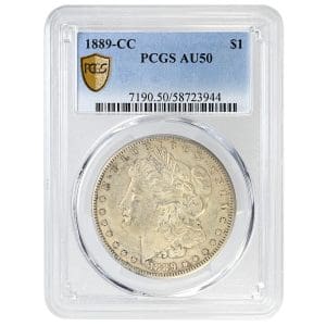 1889-CC Morgan silver dollar, Carson City mint, PCGS AU50 key date coin