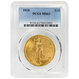 1910 $20 Saint Gaudens Double Eagle gold coin, Type 3 With Motto, PCGS MS63 obverse and reverse