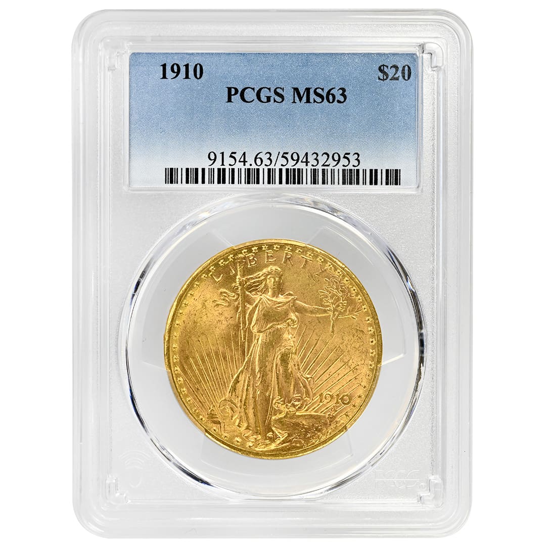 1910 $20 Saint Gaudens Double Eagle gold coin, Type 3 With Motto, PCGS MS63 obverse and reverse