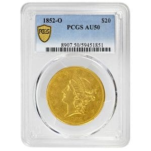 1852-O $20 Liberty Head Double Eagle gold coin, Type 1 No Motto, PCGS AU50 obverse and reverse