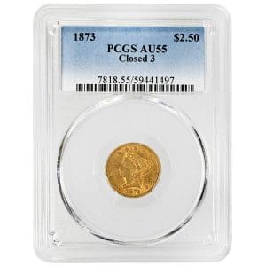1873 Closed 3 $2.50 Liberty Head quarter eagle gold coin, PCGS AU55 obverse and reverse