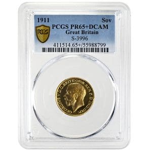 1911 George V Proof Sovereign gold coin, PCGS PR65+ Deep Cameo obverse and reverse