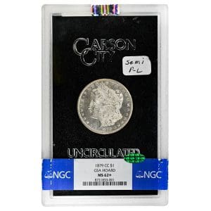 1879-CC GSA Hoard Morgan Dollar silver coin, NGC MS62+ CAC obverse and reverse