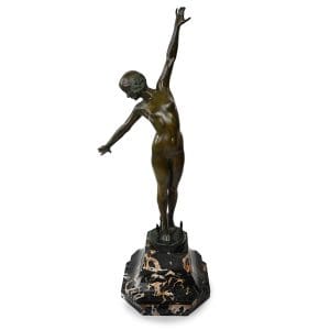 Bronze figure of a woman by Fernand Ouillon-Carrere, one arm raised, on marble base