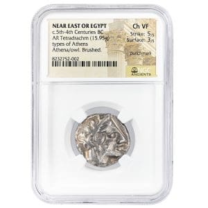 Silver Athenian owl type tetradrachm, Athena head obverse, owl reverse