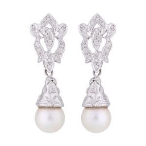 18K White Gold Cultured Pearl Diamond Dangle Earrings 8.5mm