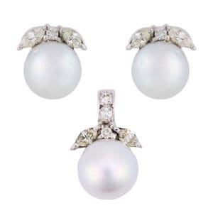 White Gold Freshwater Pearl Diamond Earring Pendant Set 0.75 Carat