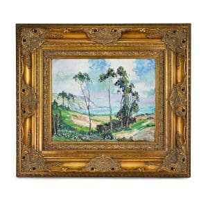 Helen Hafer oil painting, coastal landscape with eucalyptus trees and ocean cliffs