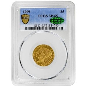 1909 Indian Head five dollar gold coin, incuse design, Native American headdress obverse