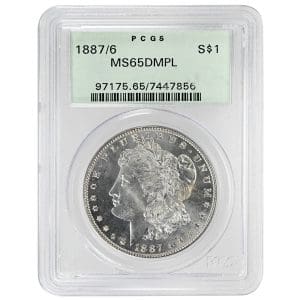 1887/6 Morgan Silver Dollar PCGS MS65 DMPL obverse showing overdate variety