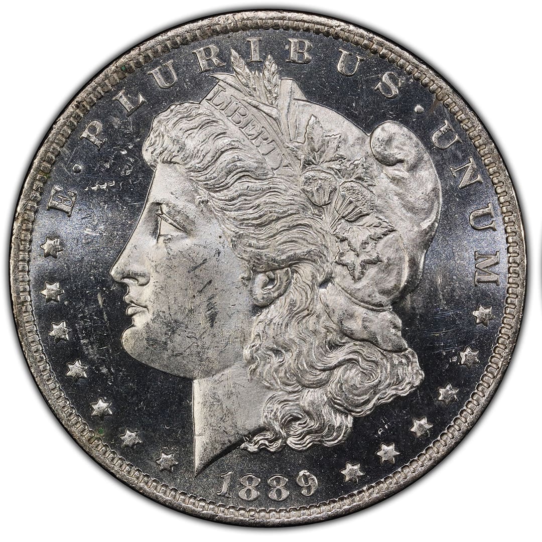 1889-O Morgan Silver Dollar PCGS MS63 DMPL CAC obverse showing deep mirror prooflike fields