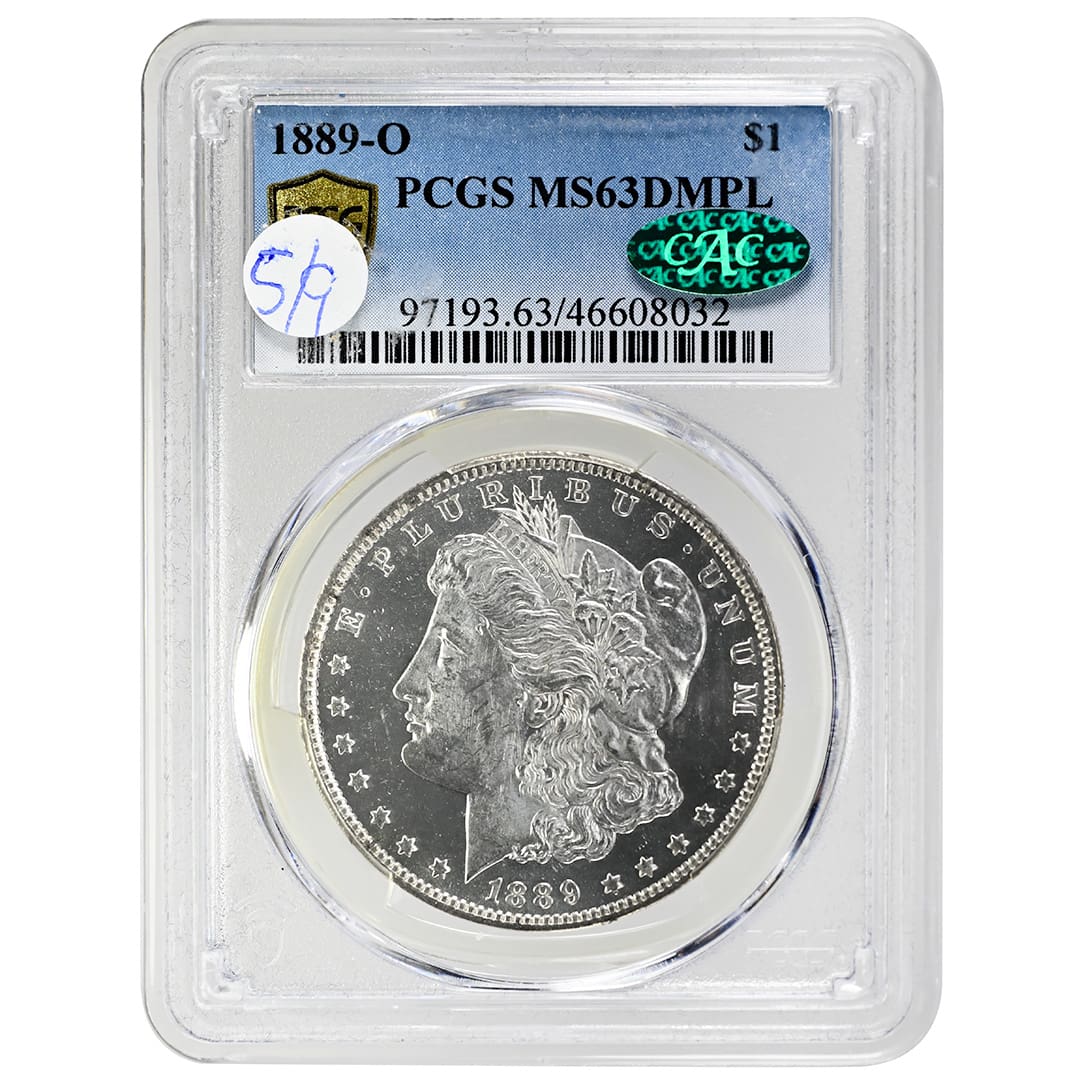 1889-O Morgan Silver Dollar PCGS MS63 DMPL CAC obverse showing deep mirror prooflike fields