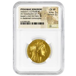 Arsinoe II gold octodrachm NGC Choice VF obverse showing veiled queen portrait
