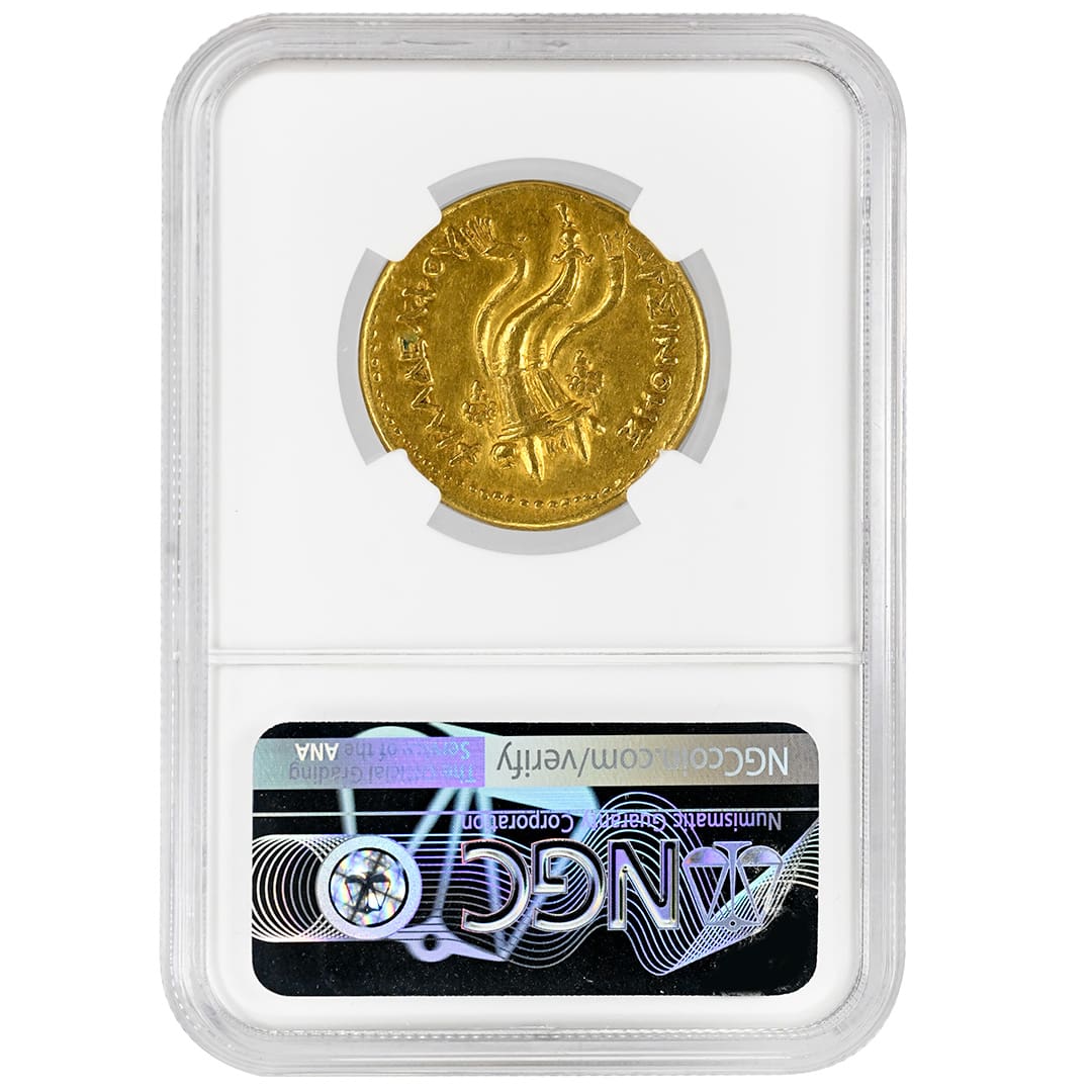 Arsinoe II gold octodrachm NGC Choice VF obverse showing veiled queen portrait