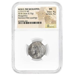 Morgantina AR 8-Litrae NGC MS obverse showing Demeter, Sicilian issue 215-212 BC