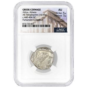 Athens owl tetradrachm NGC AU obverse showing Athena, reverse owl, Parliament Collection