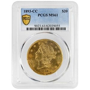 1893-CC Liberty Head Twenty Dollar Gold Piece PCGS MS61 obverse with CC mintmark