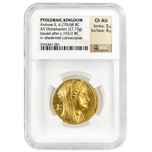 Arsinoe II gold octodrachm NGC Choice AU obverse showing veiled queen portrait