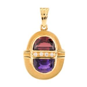 18K Yellow Gold Garnet Amethyst Diamond Pendant 750