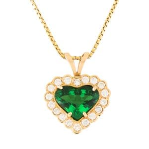 14K Yellow Gold GIA Certified Tsavorite Garnet Diamond Heart Pendant Necklace