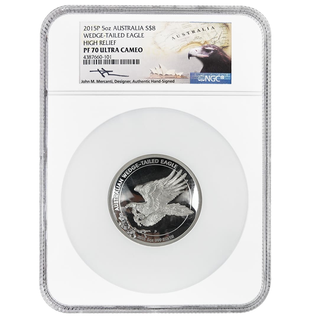 5 oz silver proof coin, 2015P Australia $8 Wedge-Tailed Eagle in flight, High Relief, NGC PF70 Ultra Cameo