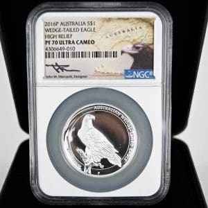 Silver proof coin, 2016P Australia $1 Wedge-Tailed Eagle, High Relief, Mercanti signed, NGC PF70 Ultra Cameo