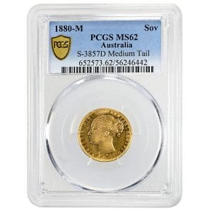 Gold sovereign coin, 1880M Melbourne Mint, St. George reverse, Young Head Victoria obverse, PCGS MS62