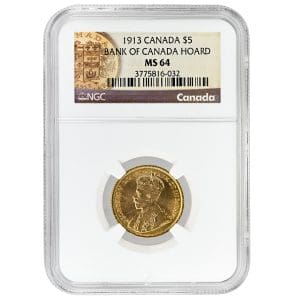 1913 Canada gold five dollar coin, King George V, Bank of Canada Hoard, NGC MS64