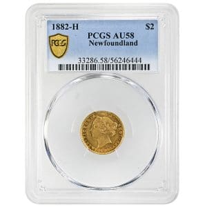 1882H Newfoundland gold two dollar coin, Young Head Victoria, PCGS AU58