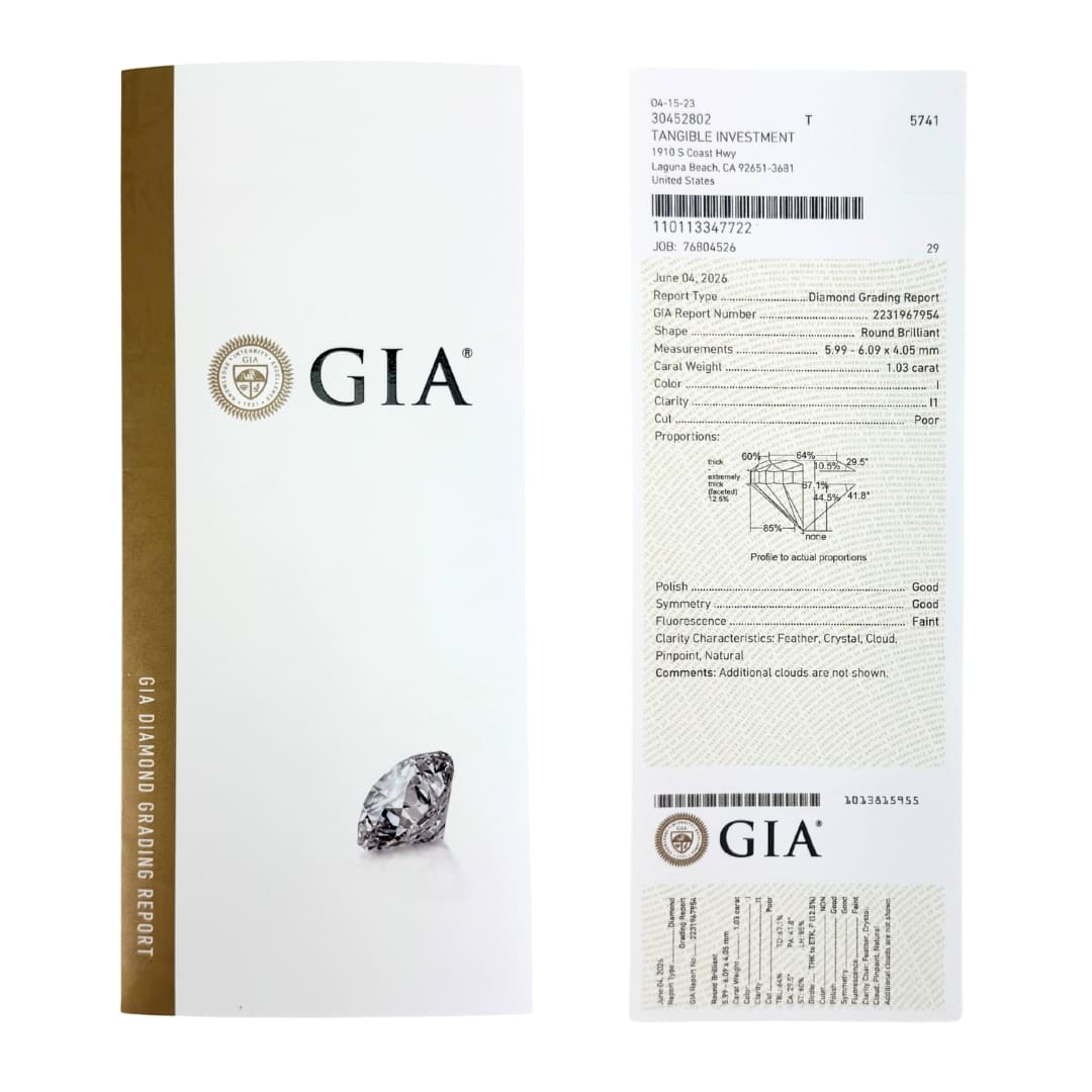 GIA Certified 1.03 Carat Round Brilliant Diamond I Color I1 Eye Clean