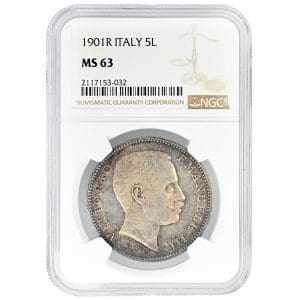 1901R Italy 5 lire silver coin with Vittorio Emanuele III portrait, NGC MS63