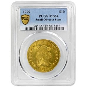1799 US gold eagle coin, Draped Bust obverse with small stars, Heraldic Eagle reverse