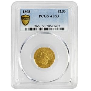 1808 US gold quarter eagle coin, Capped Bust design, Large Cap Type 1, PCGS AU53