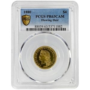 1880 US $4 Stella gold pattern coin with Flowing Hair design, PCGS PR63 Cameo