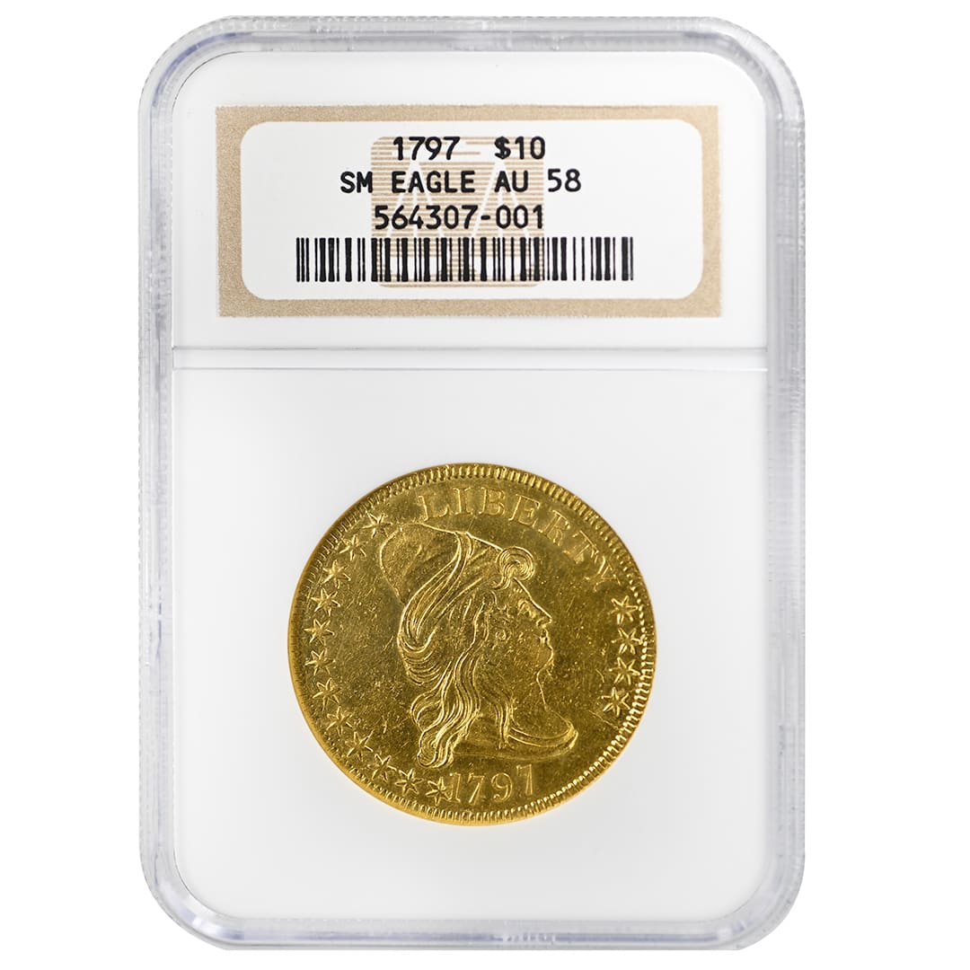 1797 US gold eagle coin, Draped Bust obverse, Small Eagle reverse design, NGC AU58